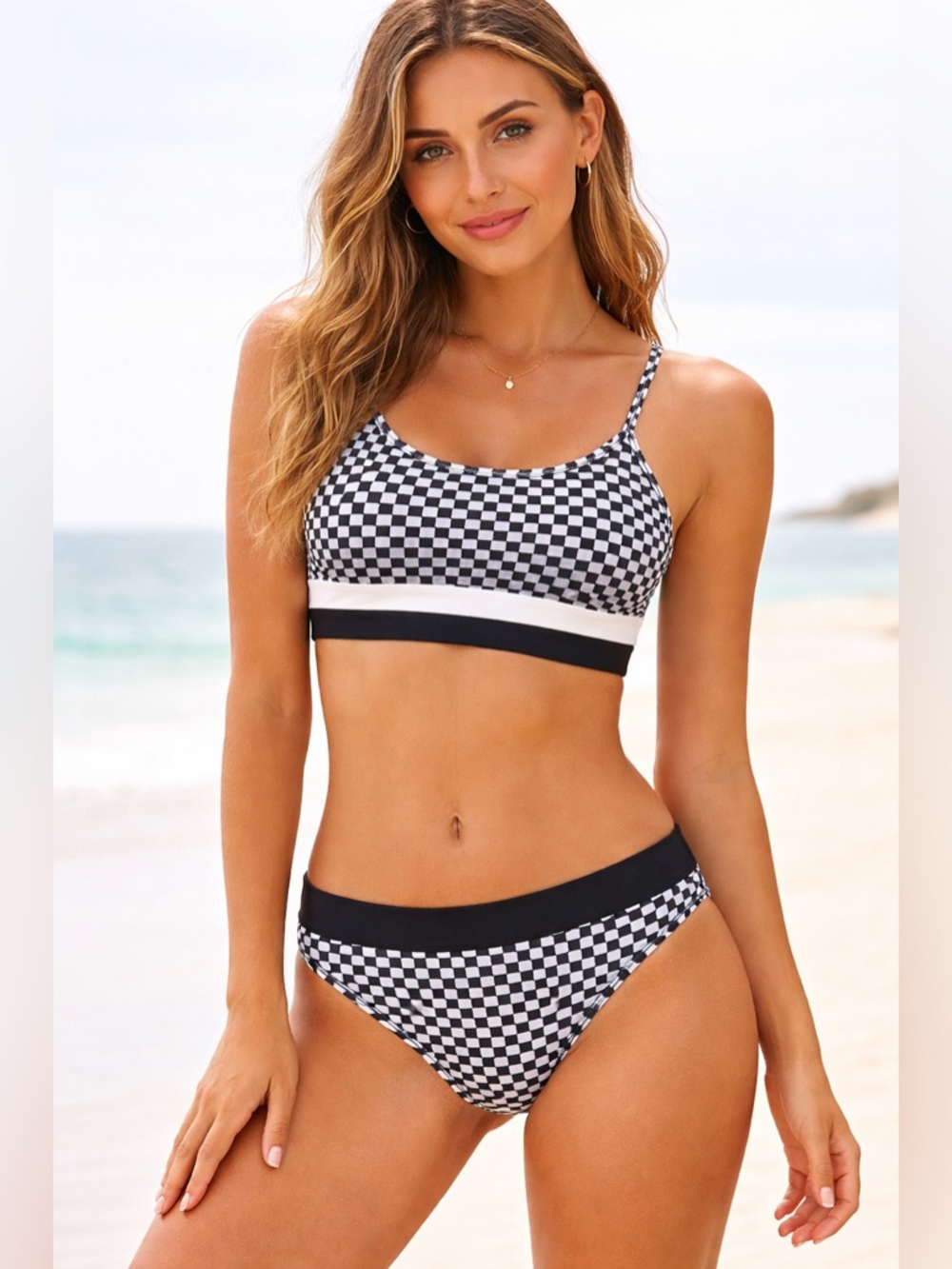 Cyn & Luca Checkered Bikini Set (Black/Gray) – Size Large